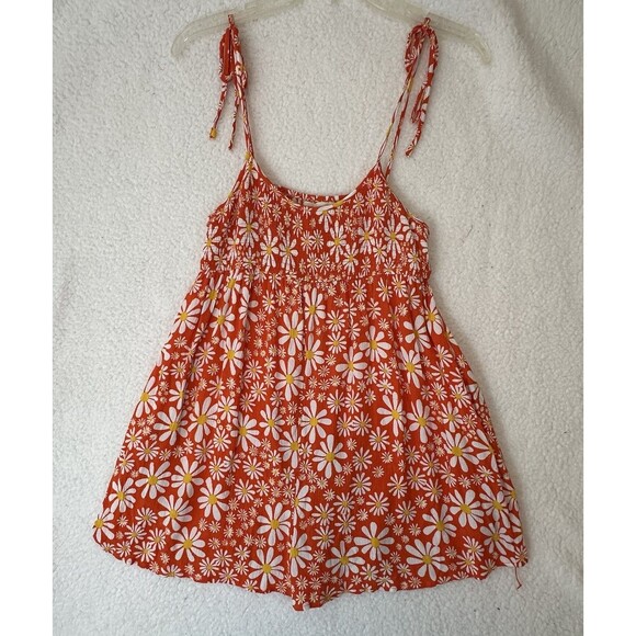 Urban Outfitters Mae Tie Shoulder Smocked Romper Size M Orange Mod Daisy Swingy - Picture 2 of 12